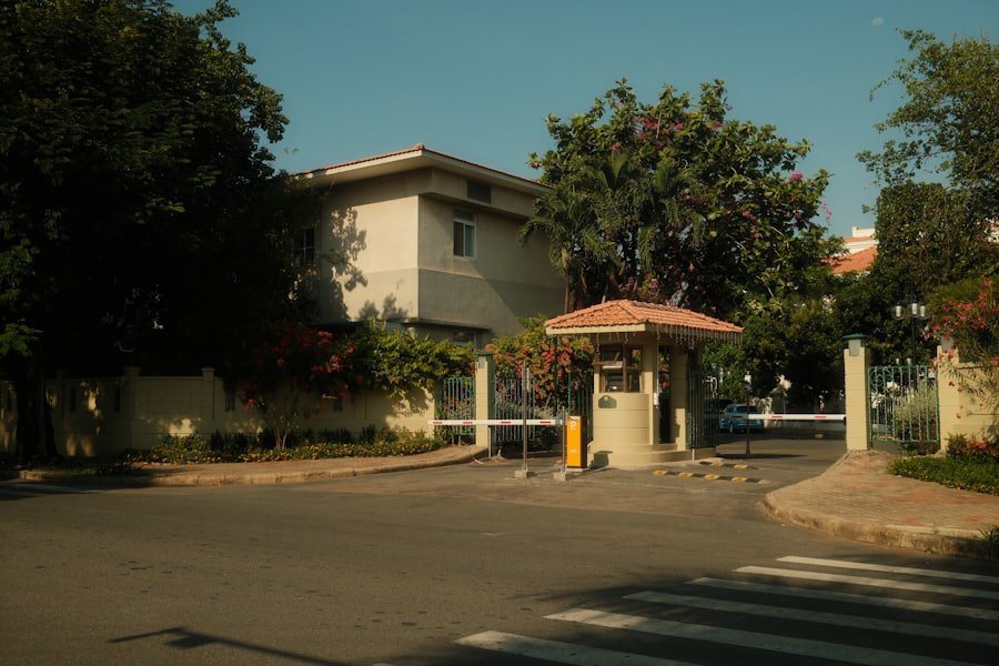 Manned security booth at the entrance of a gated community