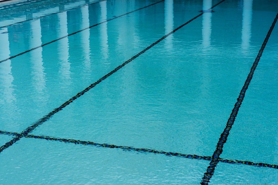 Clean community swimming pool with lane markings